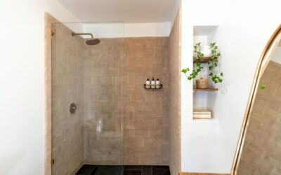 Douche à l'italienne avec verre, carrelage beige, étagère et plantes