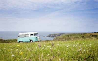 Camping-car blanc garé dans prairie fleurie face à la mer et falaises côtières